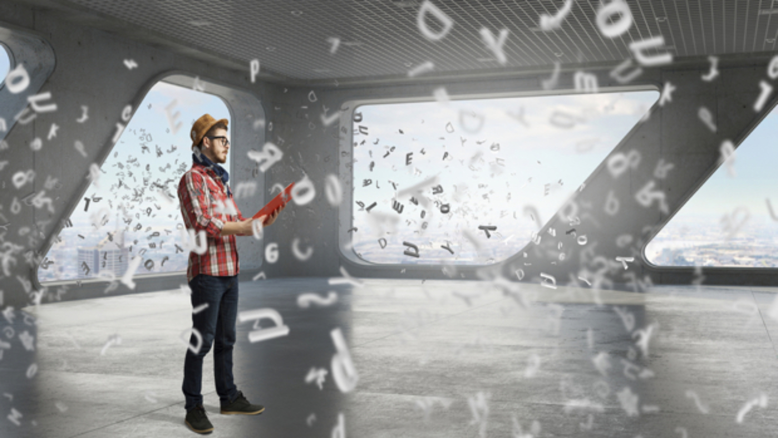 Hipster guy with book in hands in modern interior. Mixed media